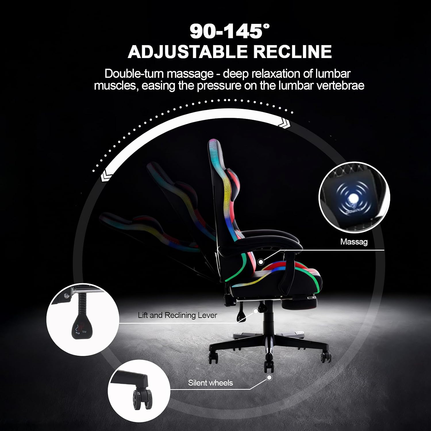 Kechen Gaming Chair, LED Light Gaming Chair with Footrest and Massage, Big and Tall Computer Chair with Lumbar Support, Gaming Chairs for Adults with Pocket Spring Cushion (LED Light, Red/Black)