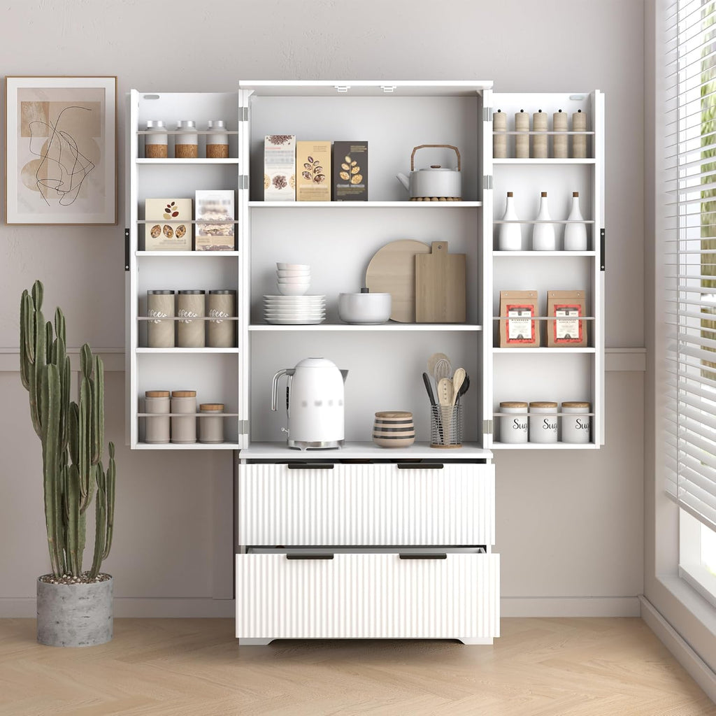 Freestanding Storage Cabinet with 2 Dawers, 2 Shelves, 2 Double Door with 6 Shelves, Rectangular Kitchen Pantry, Modern Minimalist, for Living Room, Dining Room, White