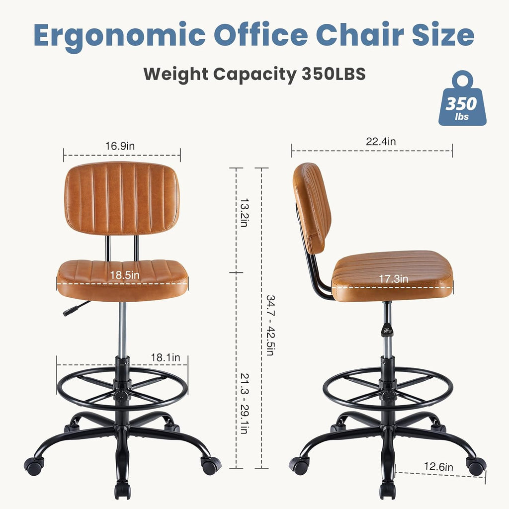 DUMOS Armless Drafting Chair, Low Back Office Seat with Adjustable Footrest Ring for Standing Desk, Ergonomic PU Leather Office Seating, Swivel Rolling High Stool for Studio, Lab, Counter, Brown