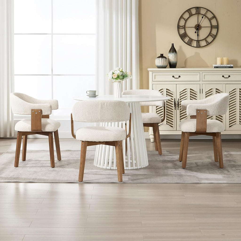 ROCITY Modern Dining Chairs Set of 4 Beige Upholstered Dining Room Chairs, Farmhouse Kitchen Chairs with Curved Backrest and Wooden Legs for Dining,Living Room