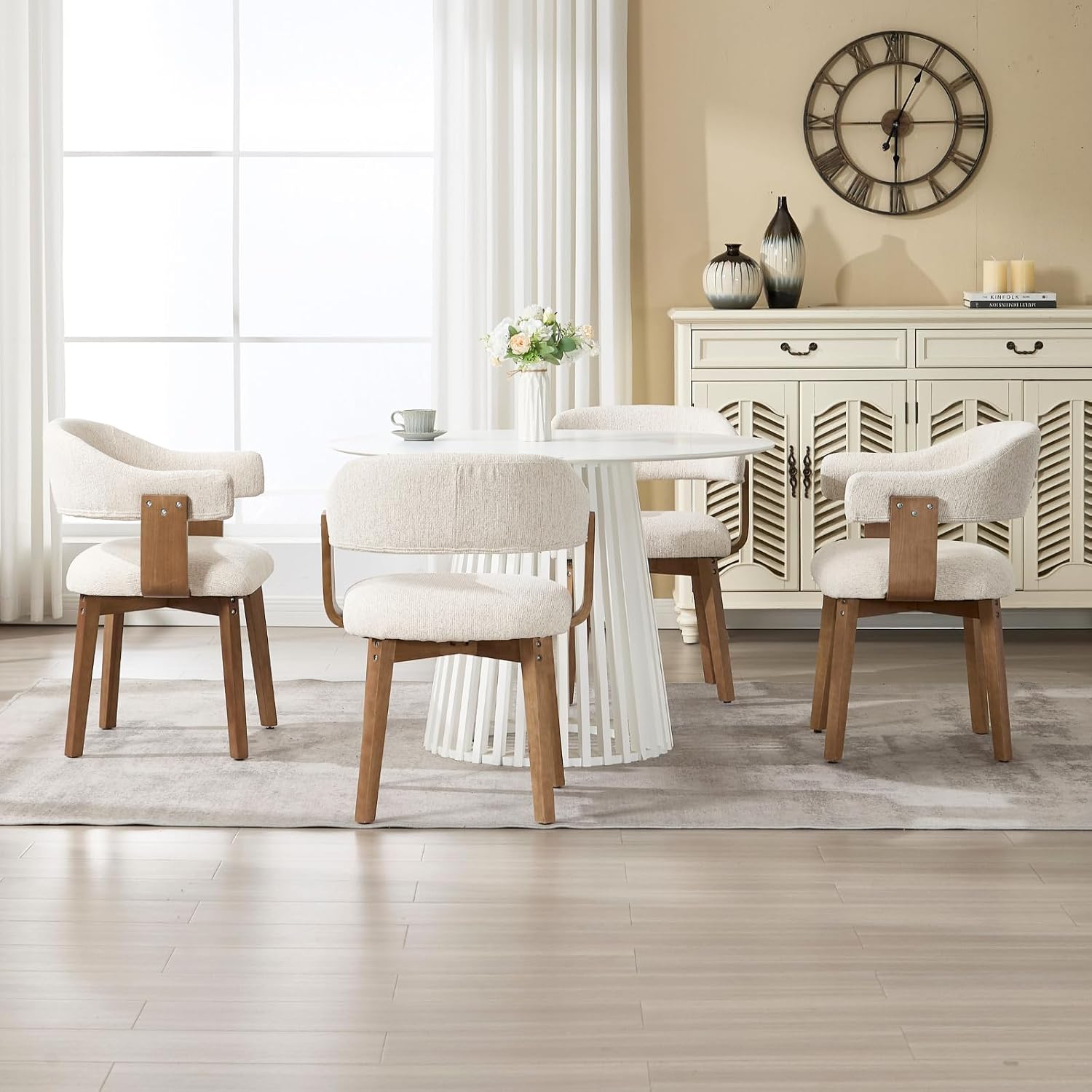 ROCITY Modern Dining Chairs Set of 4 Beige Upholstered Dining Room Chairs, Farmhouse Kitchen Chairs with Curved Backrest and Wooden Legs for Dining,Living Room