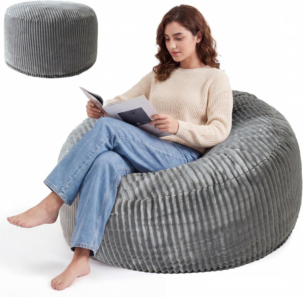 3FT Bean Bag Chairs for Adults, Medium Memory Foam Beanbags with Machine-Washable Wide Stripe Plush Cover Bean Bag Chair for Living Room Bedroom Dorm Office-Ash Grey
