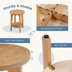 DUMOS Small Round Side Tables for Small Spaces, 2-Tier Boho End Table with Storage Shelf, Sturdy Simple Trending Bedside Nightstand with Non-Slip Pads for Living Room, Bedroom, Natural Wood