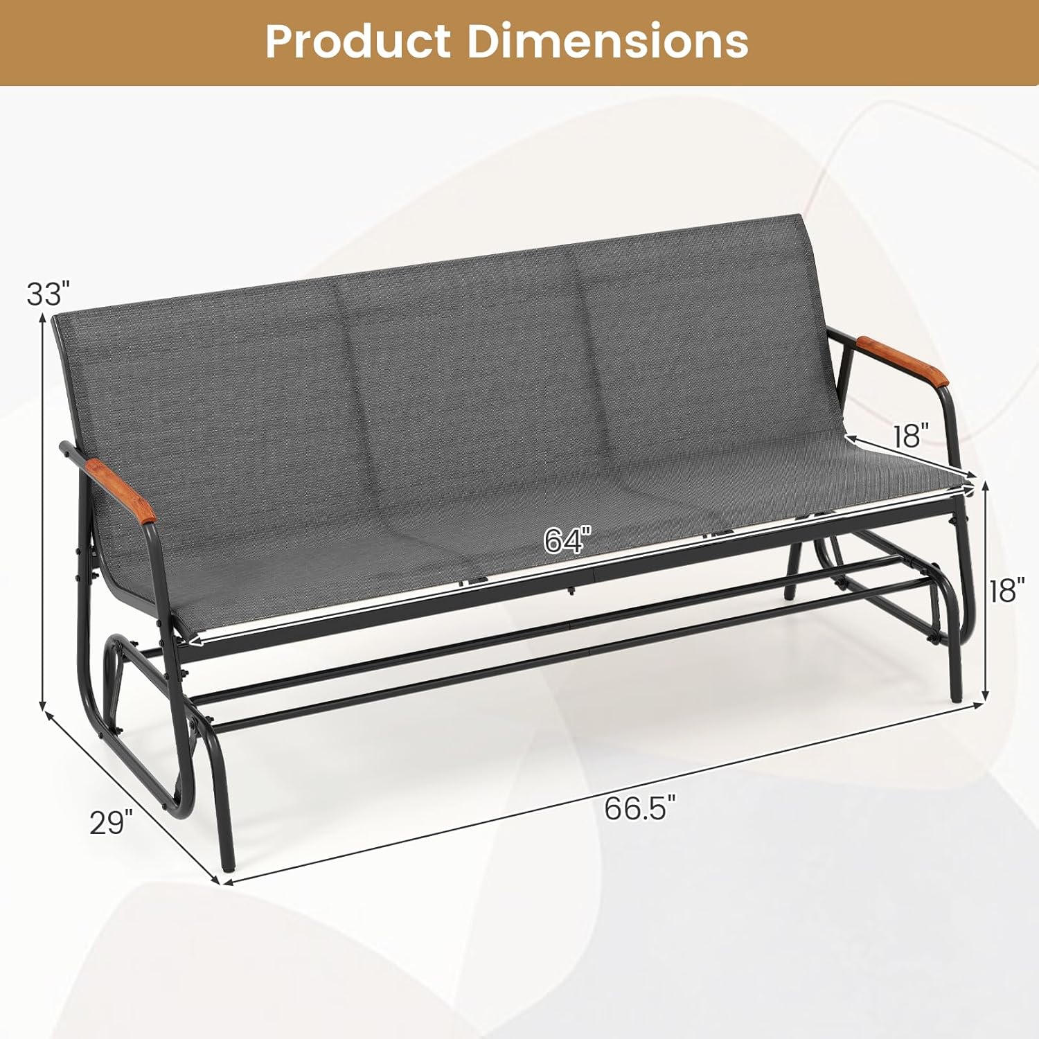 Tangkula 3-Person Outdoor Glider Bench, Patio Gliding Loveseat with Breathable Fabric Seat, Curved Teak Wood Armrests and Metal Frame, Swing Rocking Chair for Backyard (Grey, 3 Seat)