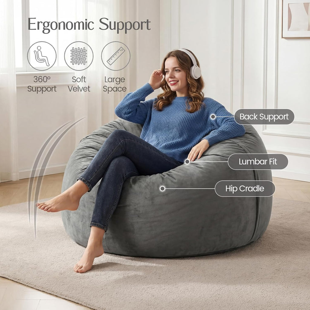 3FT Bean Bag Chair, Medium Memory Foam Bean Bags with Ultra Soft Washable Dutch Velvet Cover, BeanBags for Living Room, Bedroom and Gaming Room -Grey