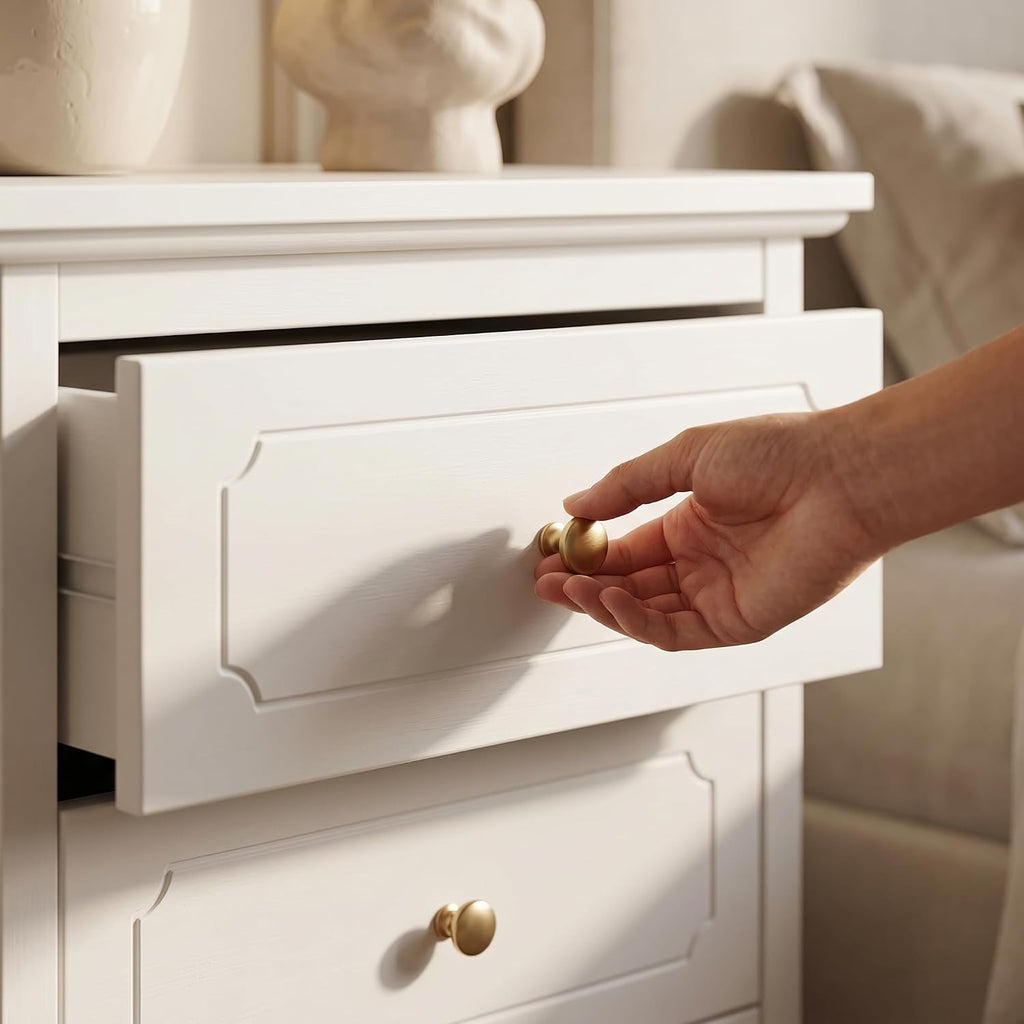HOPUBUY 3 Drawer Narrow Nightstand for Bedroom, Storage Bedside Table | White, Set of 2, Modern Wood Metal End Table with Gold, Tall Night Stand for Living Room