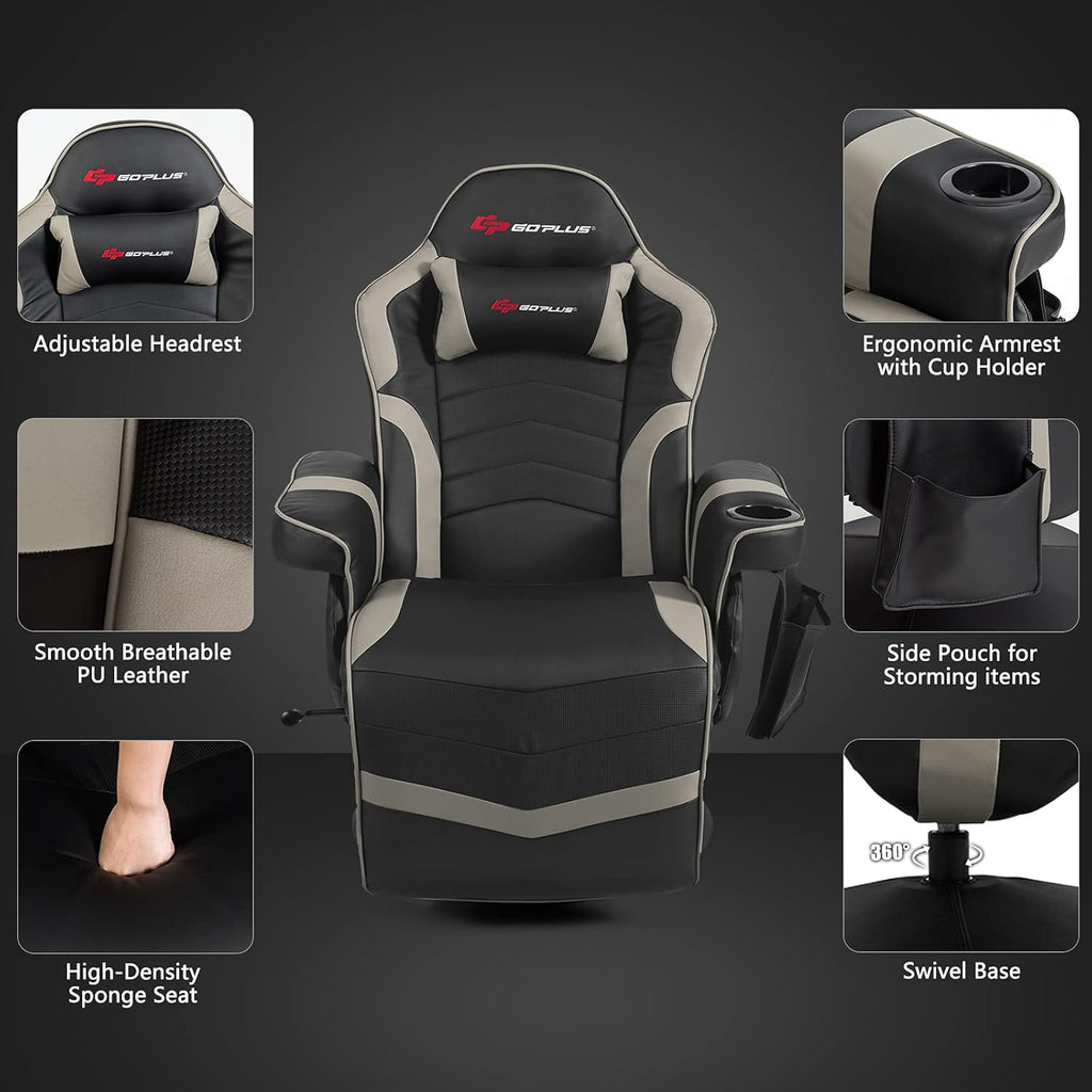 POWERSTONE Gaming Recliner Massage Gaming Chair with Footrest Ergonomic PU Leather Single Sofa with Cup Holder Headrest and Side Pouch, Adjustable Living Room Chair Home Theater Seating (Grey)