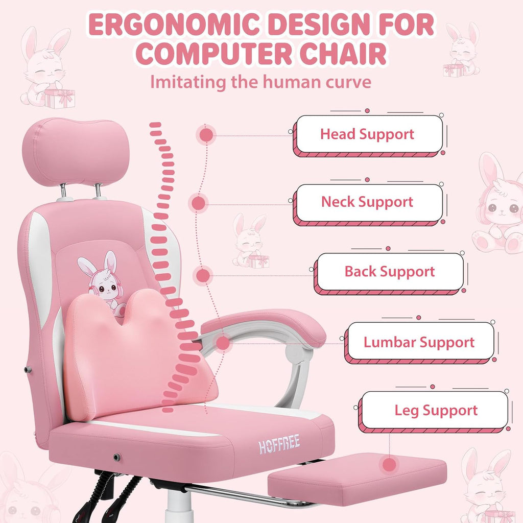 HOFFREE Kids Computer Gaming Chair for Girl with Cute Bunny Massage Lumbar Pillow Kids Pink Desk Office Chair with Adjustable Headrest and Footrest for Teen Girls