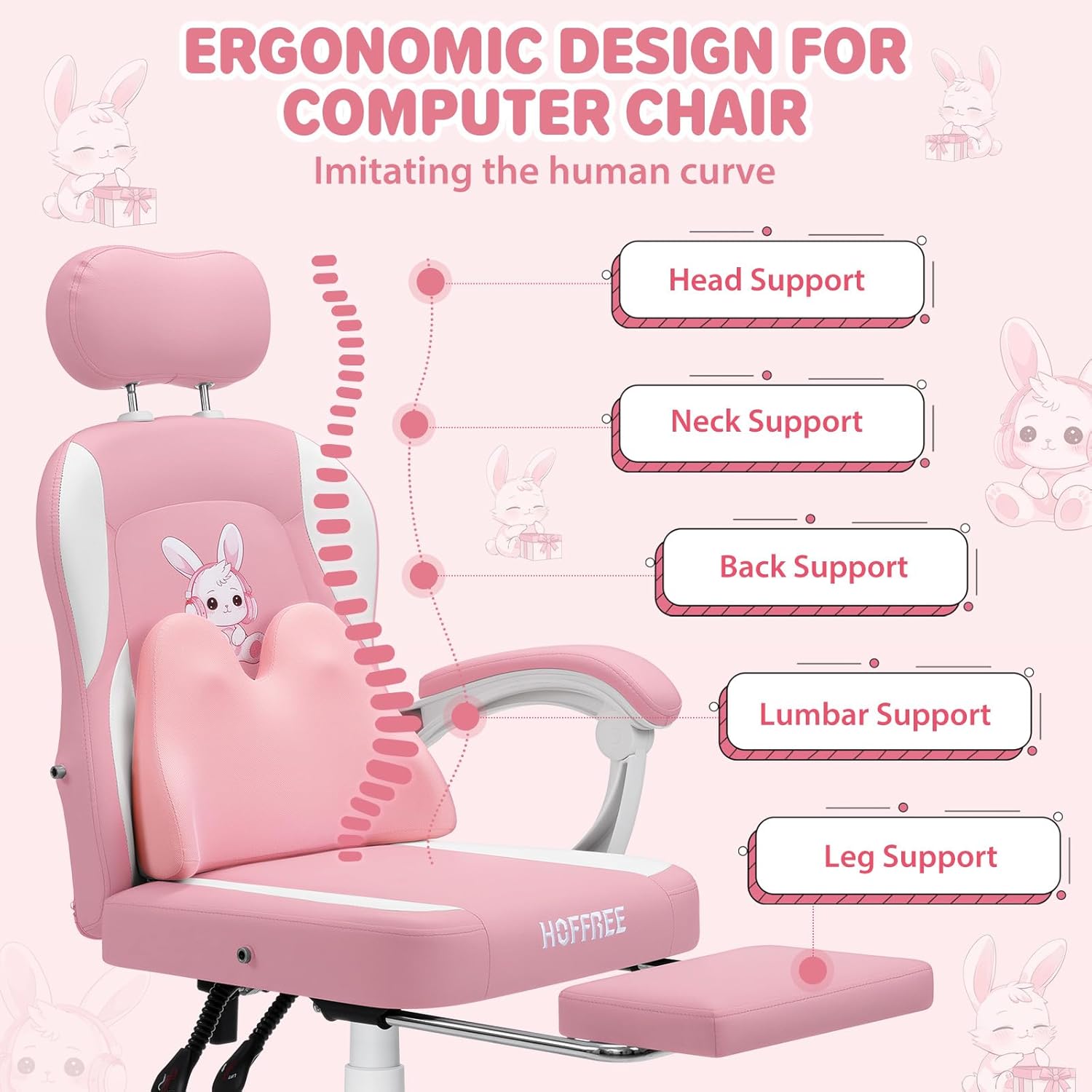 HOFFREE Kids Computer Gaming Chair for Girl with Cute Bunny Massage Lumbar Pillow Kids Pink Desk Office Chair with Adjustable Headrest and Footrest for Teen Girls