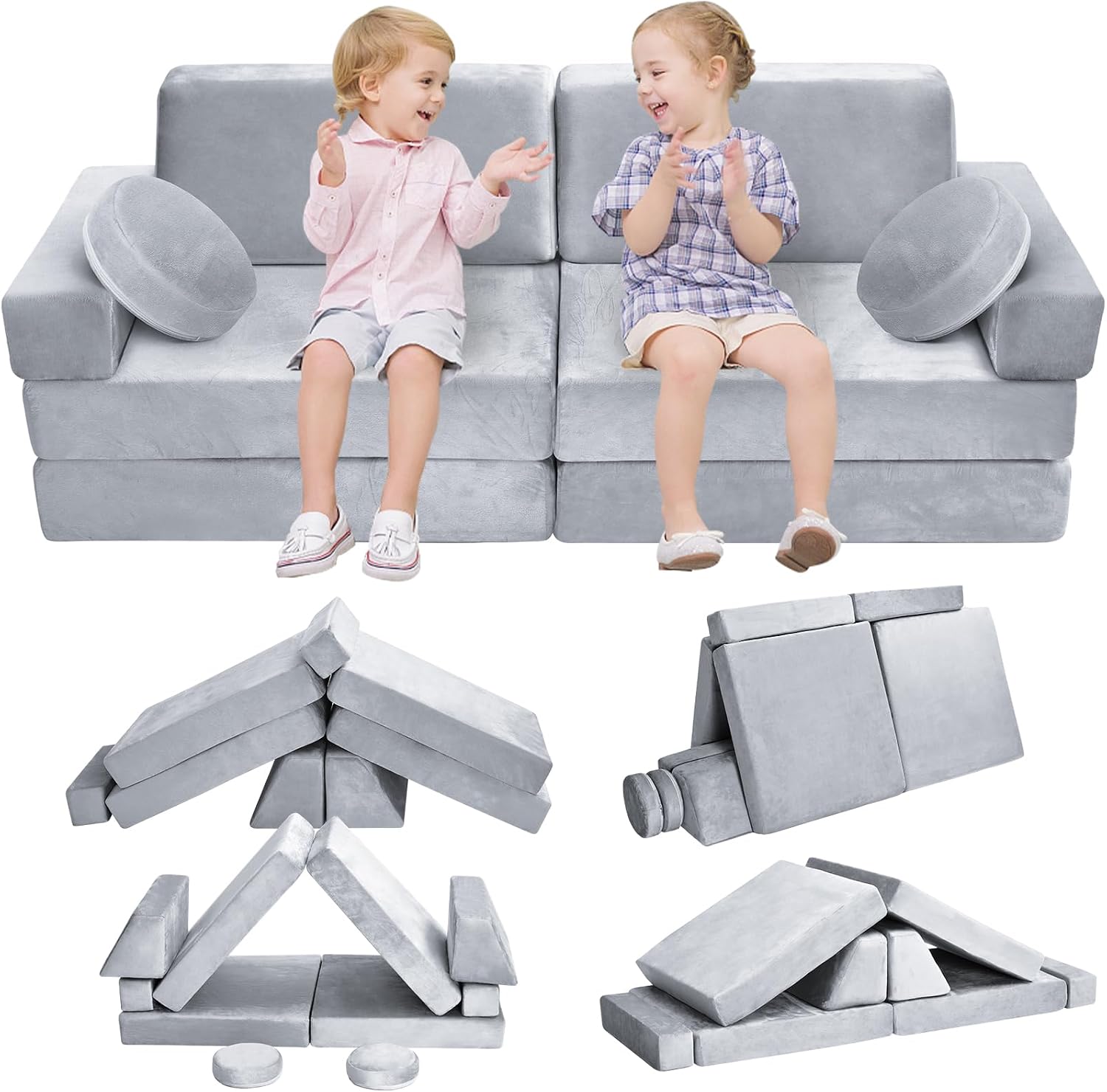 whiffee 10Pcs Kids Play Couch,Toddler Sofa,Modular Kids Couch for Playing, Creativing, Sleeping (Grey)