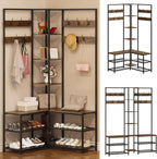 GiftGo Corner Hall Tree with Shoe Rack Storage Bench Display Open Shelves Modern Industrial Entryway Coat Rack Stand for Home Living Room Mudroom Bedroom Multifunctional 5 in 1 (Rustic Brown)