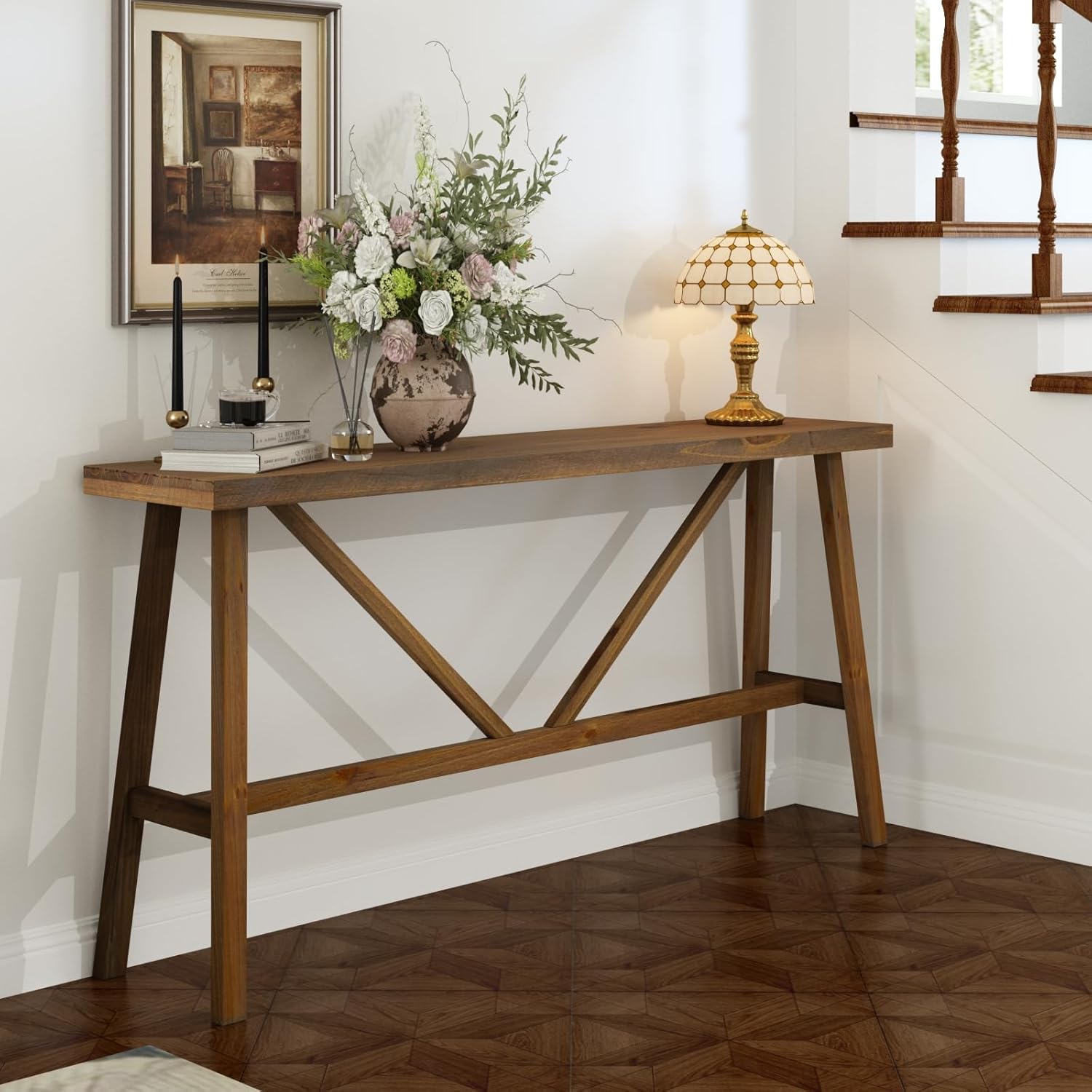 Wnutrees 63" Farmhouse Solid Wood Console Tables, Rustic Hallway Table, Solid Firwood Sofa Table for Entryway, Living Room, Easy Assembly, Natural