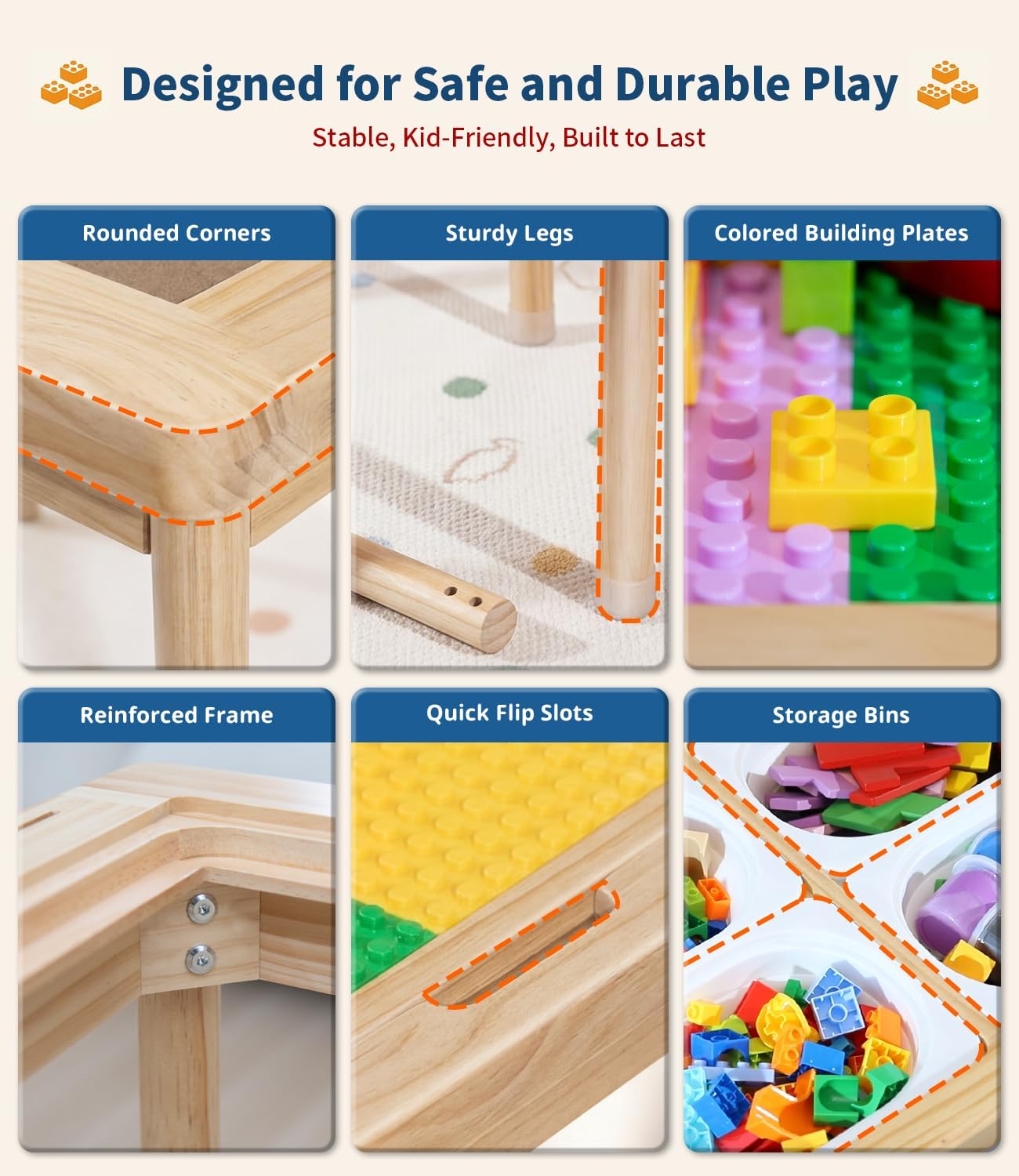 JOIN&JOY 28" Kids Activity Table, Compatible with Lego & Duplo Bricks, 4 Foldable Storage Bins, Premium Solid Pine Wood Play Desk, Reversible Tabletop for Multi-Child STEM Learning & Crafts