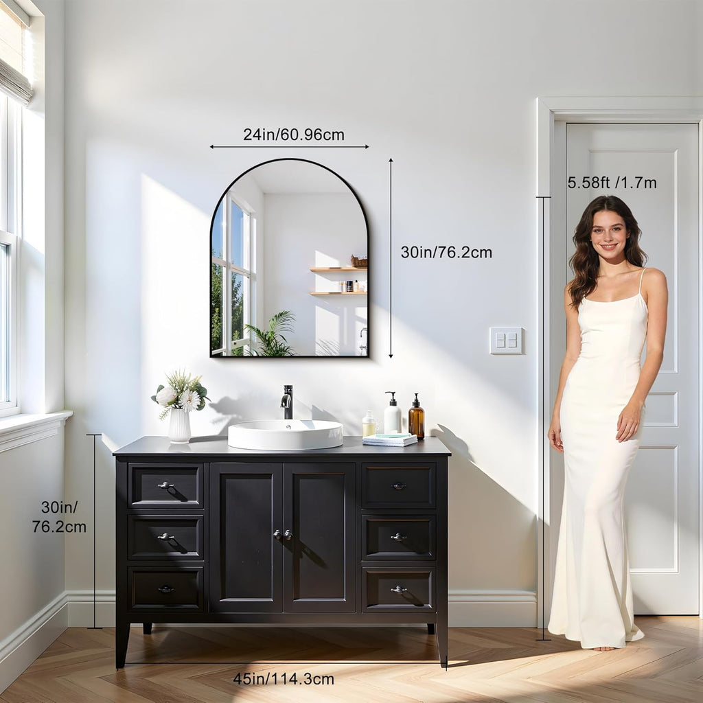 CIRCUMI Arched Wall Mirror 24"x30", Black Metal Frame with Tempered Glass, Large Size Mirror for Bathroom, Over Sink, Living Room, Entryway, Shatterproof & Crystal Clear Black Arched Mirror
