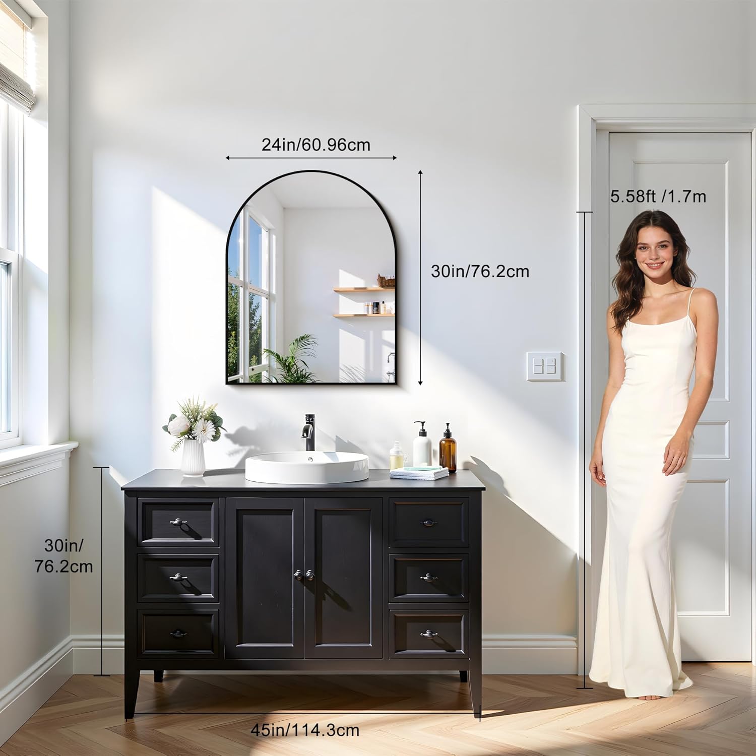 CIRCUMI Arched Wall Mirror 24"x30", Black Metal Frame with Tempered Glass, Large Size Mirror for Bathroom, Over Sink, Living Room, Entryway, Shatterproof & Crystal Clear Black Arched Mirror