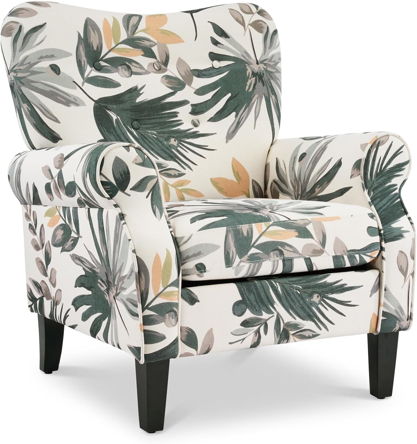 YOLENY Mid Century Wingback Arm Chair, Modern Upholstered Fabric High Back Accent Chair with Wood Legs, Upholstered Single Sofa Club Chair for Living Room, Bedroom, Home Office, Grey Green Leaves