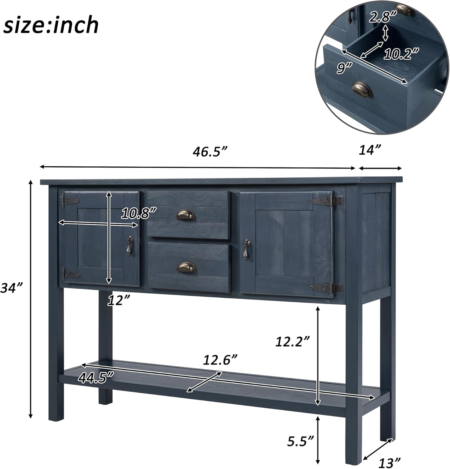 LKTART Farmhouse Sideboard Buffet Cabinet,Solid Wood Sideboard with Storage Drawers and Bottom Shelf, Buffet Cabinet Coffee Bar for Entryway Hallway Foyer,Easy Assembled (46.5" Navy Blue)