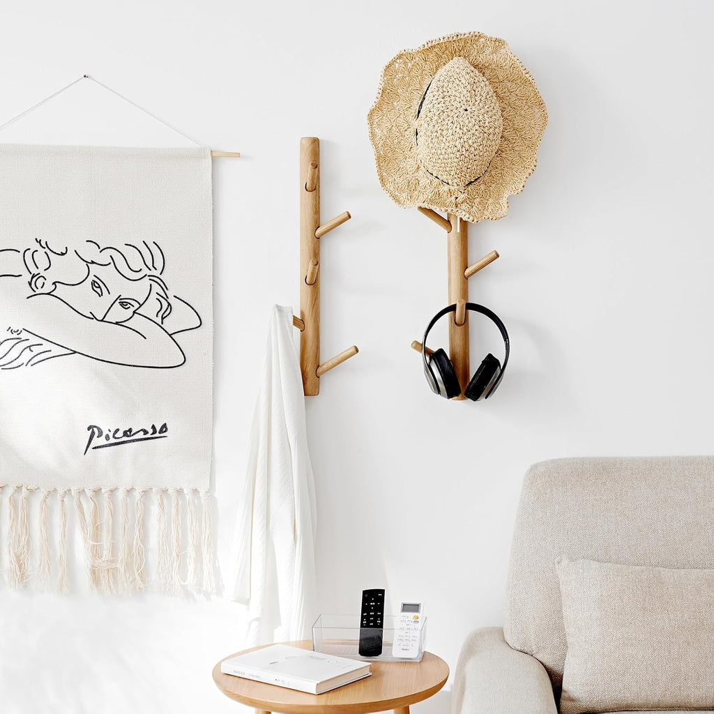 Vertical Coat Rack Wall Mounted - Height 28 Inches, Oak Wood Vertical Hat Rack for Wall with 7 Hooks, Modern Coat Rack Tree for Hanging Hats, Jackets, Bags in Entryway Bedroom Office