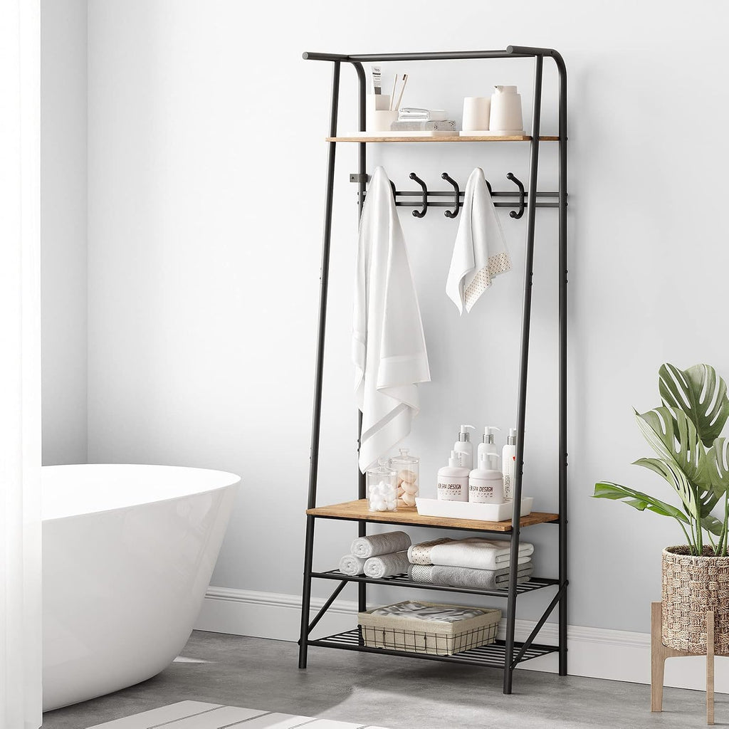 Amyove Hall Trees Entryway Bench with Storage, Multifunctional Hallway Organizer, Wood Look Accent Furniture with Metal Frame (Black, 5 hooks-25.2 in)
