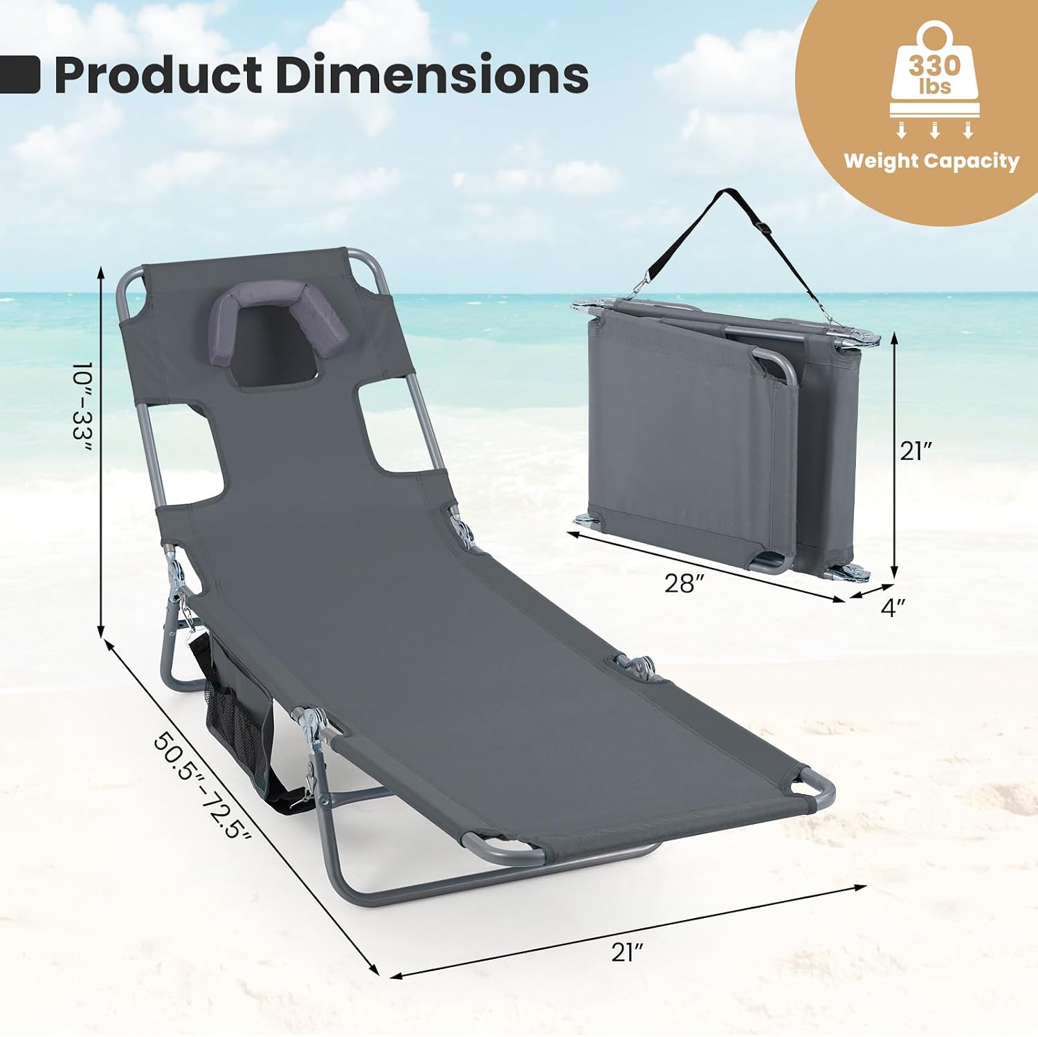 Goplus Tanning Chair, Portable Lightweight 10.5LBS Beach Lounger with Face Arm Holes, Adjustable 5-Position, 330LBS Capacity, Side Pocket, Removable Cushions, Portable Sunbathing Chair for Pool