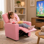 Naomi Home Suri Kids Recliner Chair: 150 Lbs Capacity & Solid Hardwood Frame for Ultimate Durability. Built to Grow Toddler & Children Sofa with Cup Holder, Footrest & 3 Recline Positions - Pink