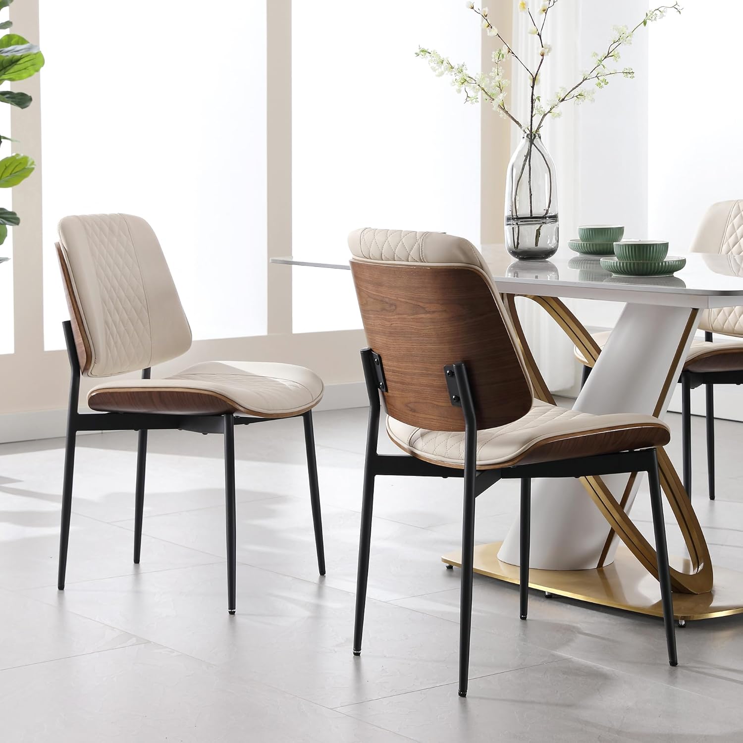 BV Dining Chairs Set of 4, Mid Century Modern Walnut Bentwood Side Chairs with PU Leather and Metal Legs, Retro Armless Accent Seating for Kitchen Dining Room (Beige)