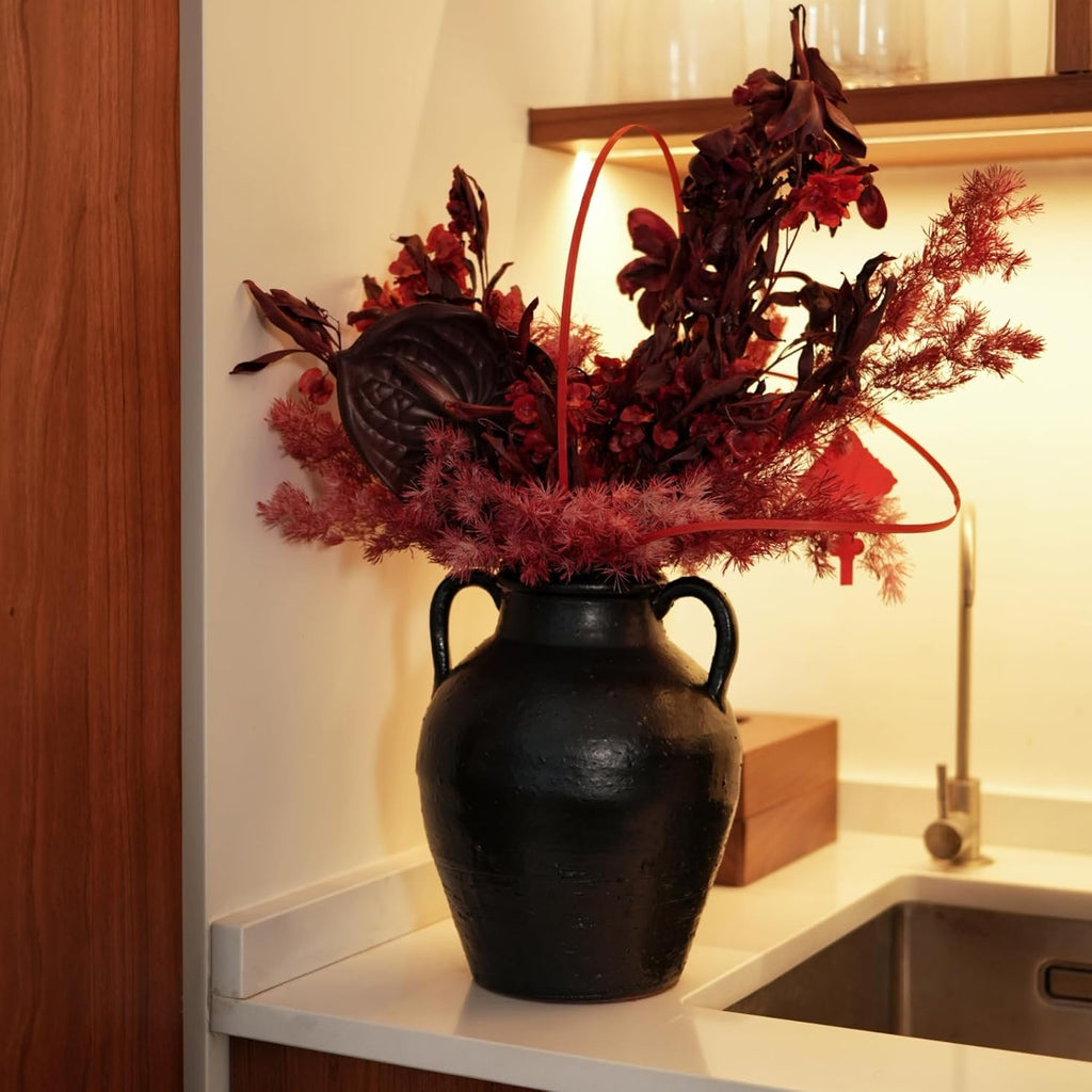 Wild Works Bailey Handmade Black Vase with 2 Ear Design - 9.6'' Tall Terracotta Vase, Vintage Rustic Antique Decor, Black Ceramic Vases, Flower for Living Room, Entrance,Wabi-sabi Decorations