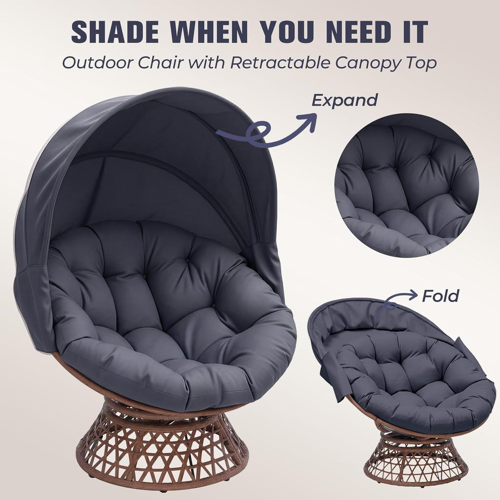 COMHOMA Papasan Chair, 36" Ergonomic Wicker Papasan Chair with Extra-Thick Soft Fabric Cushion, Heavy-Duty Steel Frame, 360° Swivel Base for Living Room, Lounge, Bedroom & Reading Nook – Grey