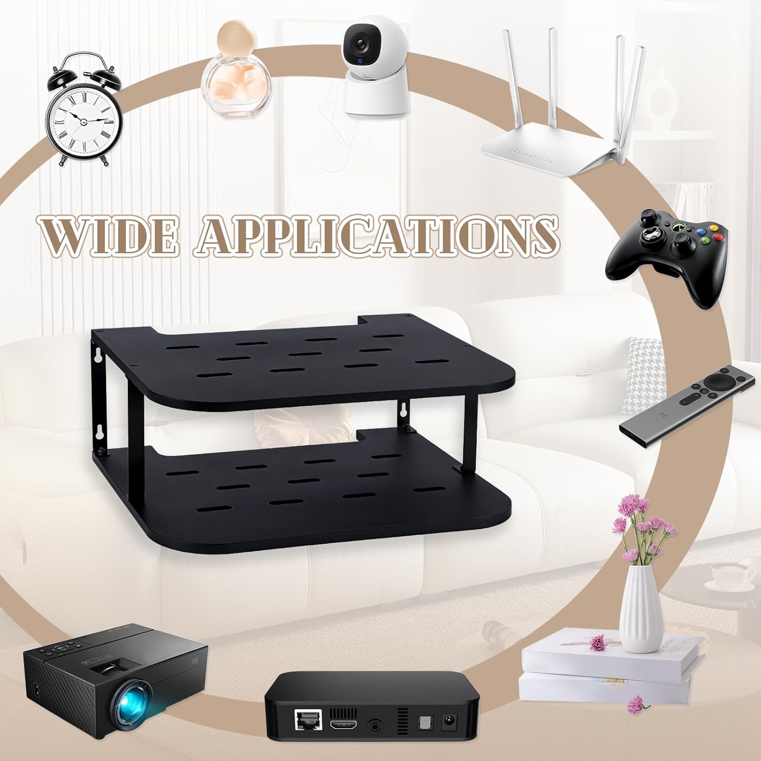 Black Projector Shelf for Wall 2 Tier Floating Projector Wall Mount Pine Wood Game Shelf Stand for Xbox Router Holder Stand Accessories