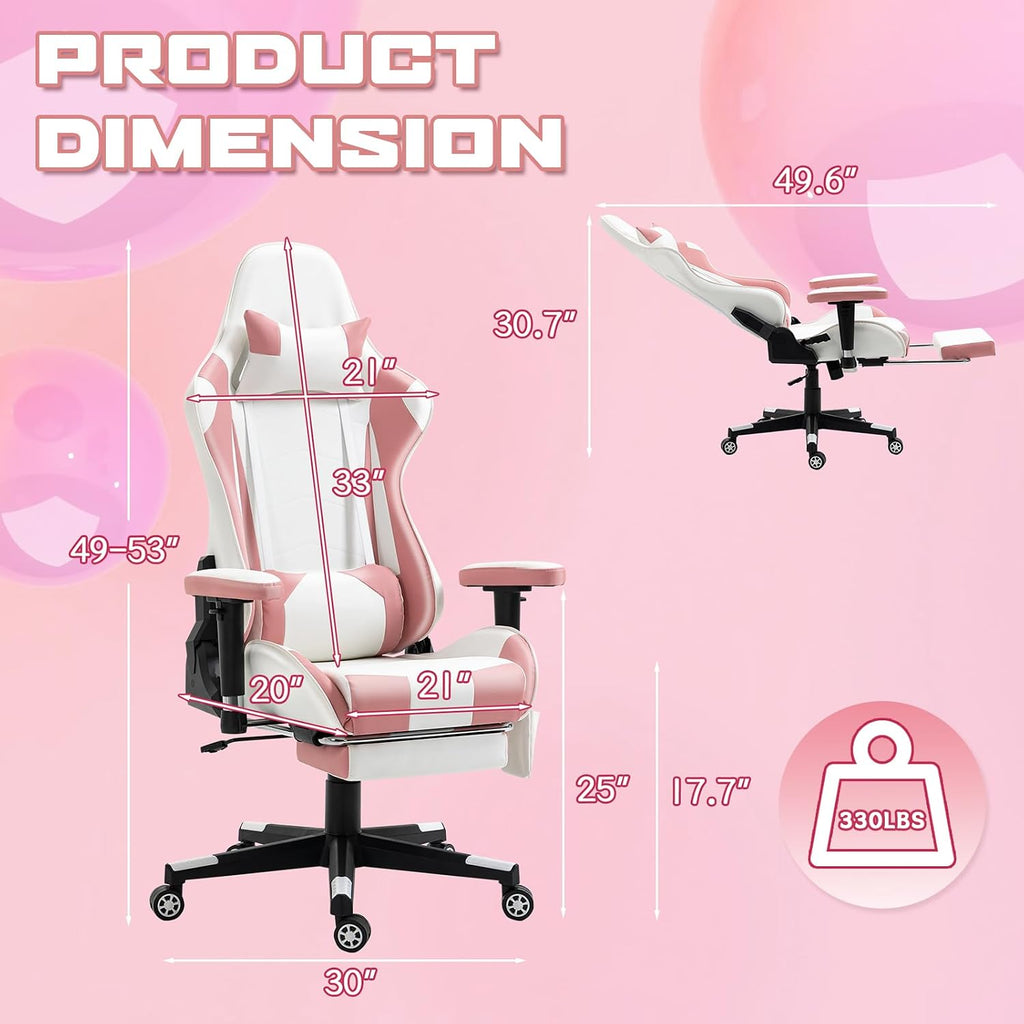 Massage Gaming Chair w/Footrest Video Racing Chair PC High Back Desk Computer Chair PU Leather Recliner w/Headrest and Lumbar Pillow, Pink-White