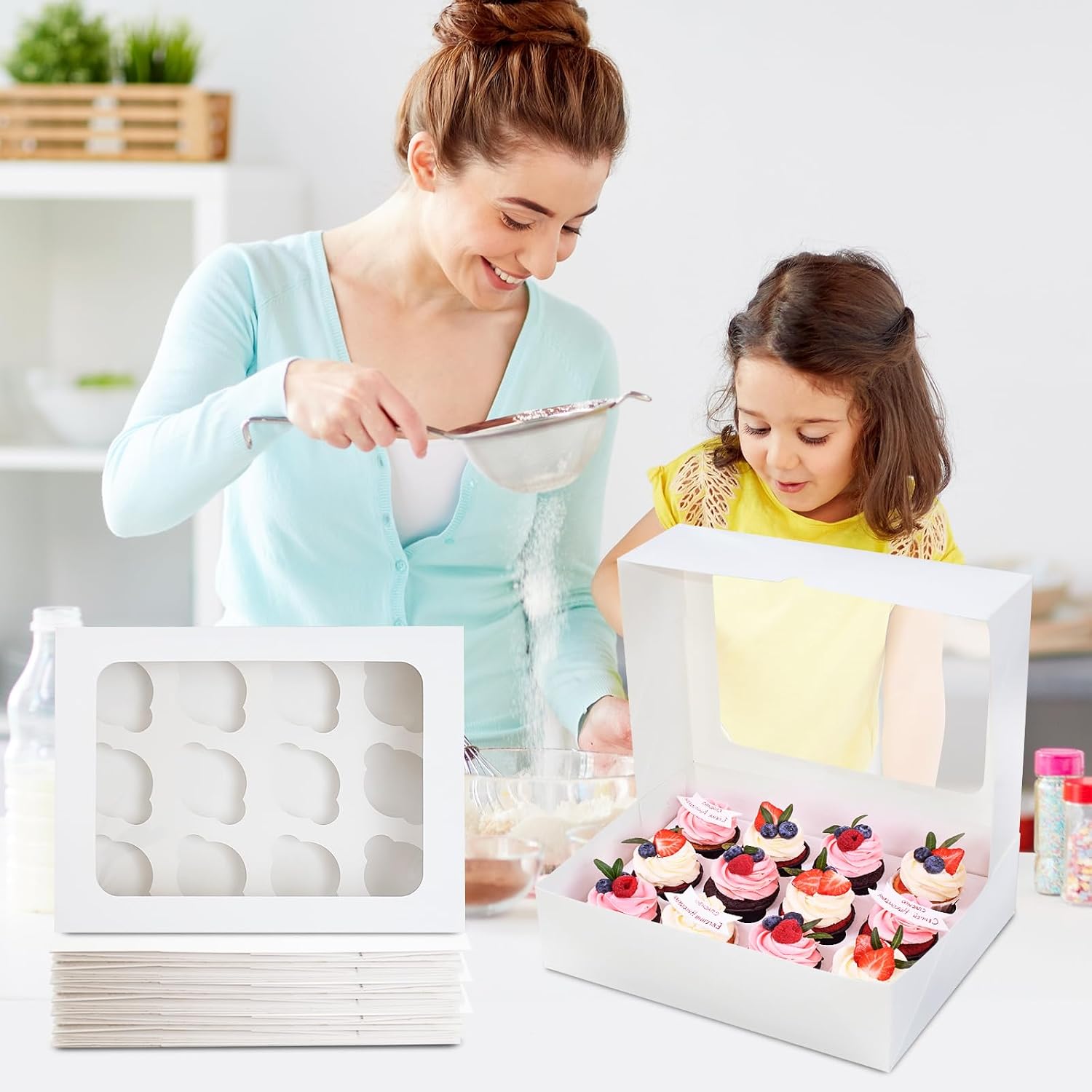 6 Packs Cupcake Boxes, 13x10x3.5 Inch White 12 Count Cupcake Containers with Clear Window, Auto-Pop Up Cupcake Carrier with Inserts for Cup Cake, Cupcake Holder for Muffin, Cookies and Pastry