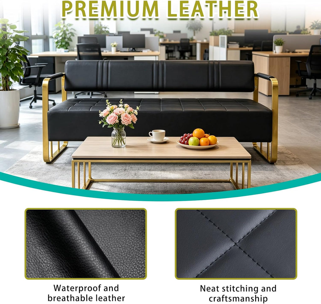Waiting Room Bench with Backrest, Faux Leather Upholstered Reception Bench & Stainless Steel Frame - for Hair Salons, Offices, and Hotels