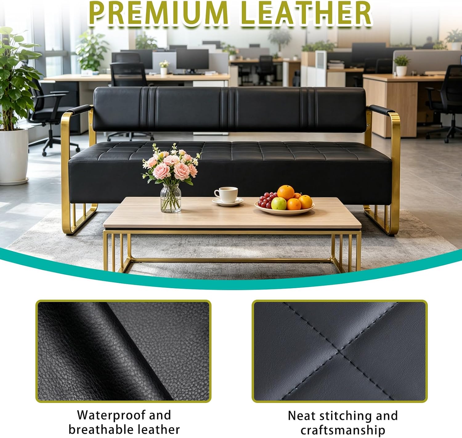 Waiting Room Bench with Backrest, Faux Leather Upholstered Reception Bench & Stainless Steel Frame - for Hair Salons, Offices, and Hotels