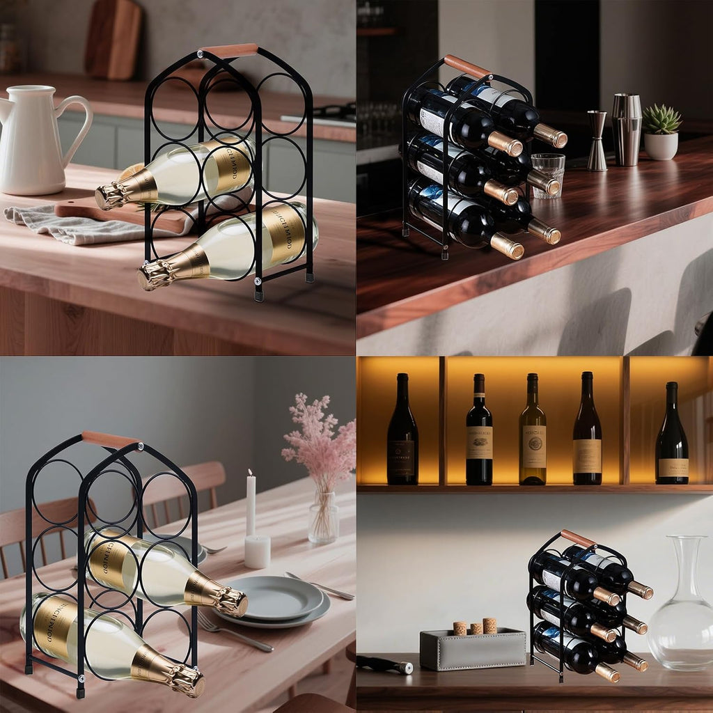 Wine Rack countertop Wine Bottle Holder Metal Wine Rack, Industrial Style Honeycomb Design 6-Bottle Wine Storage with Wooden Handle, Easy Installation,for Home Kitchen Bar/Cabinet