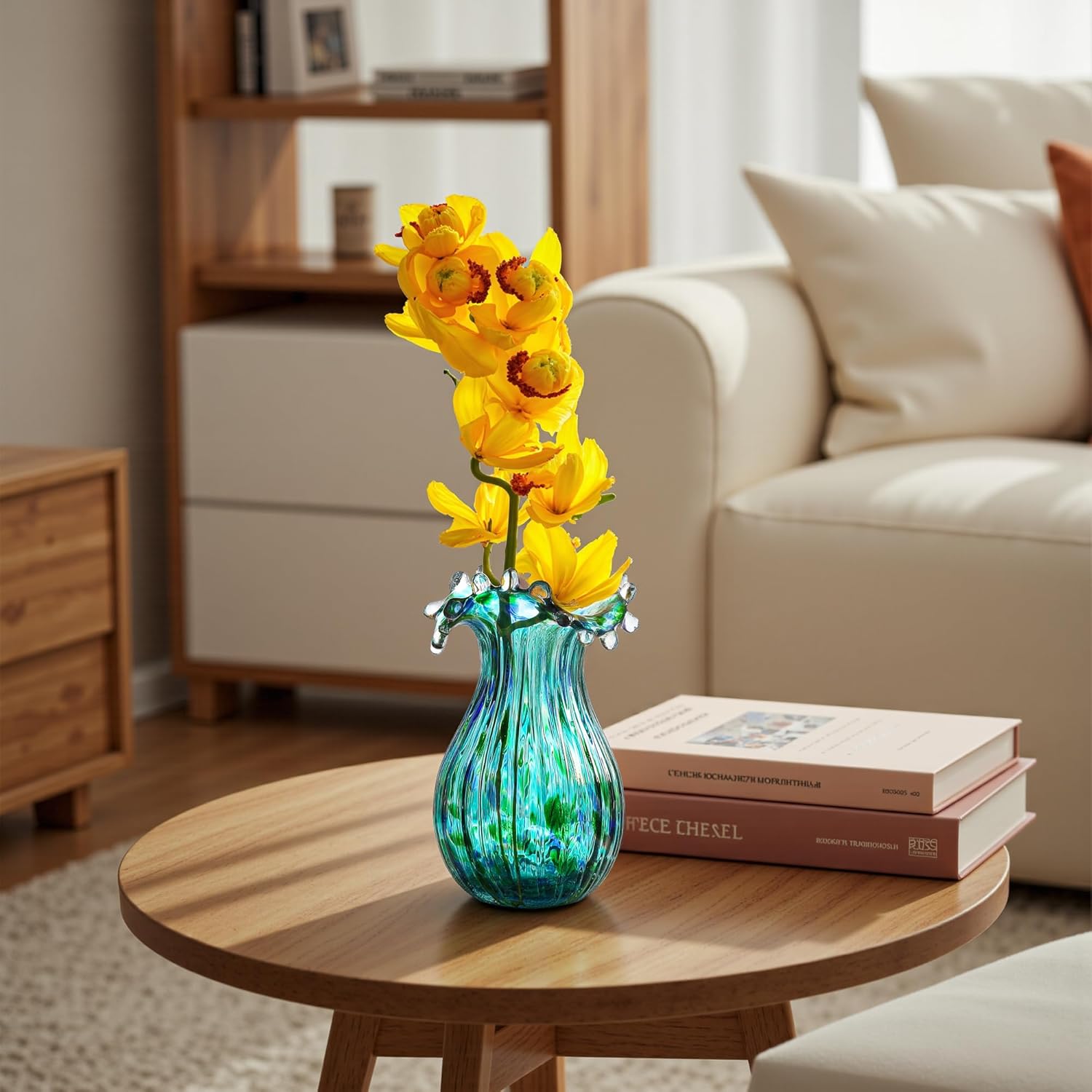 Green Glass Bubble Vase for Flowers, 8.5" Blown Glass Vase for Home Decor, Modern Art Flower Vases Decorative | Table Centerpiece, Olive Plant, Wedding, Living Room, Bookshelf, Office, Entryway
