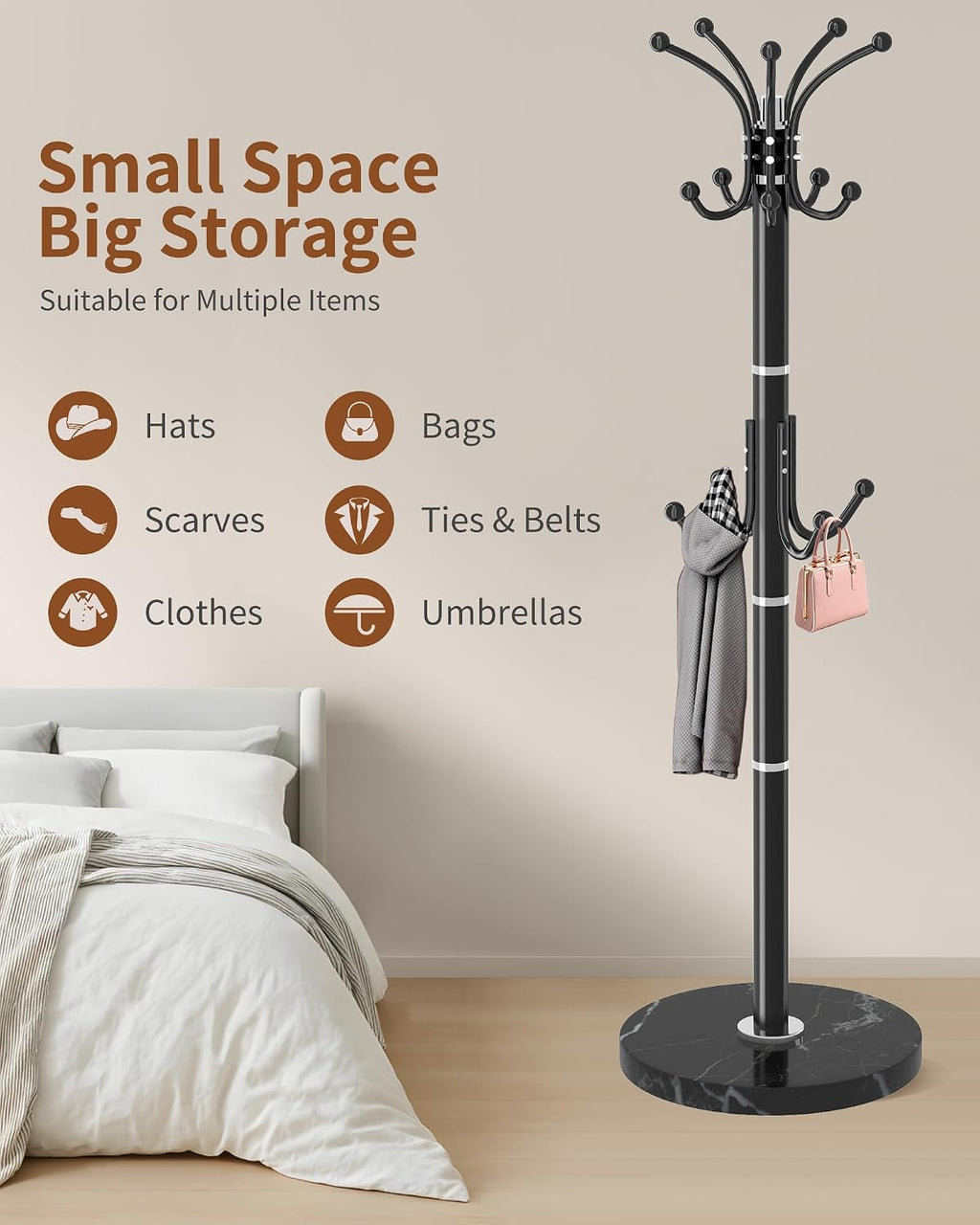 Snaikor Metal Coat Rack Stand with Natural Marble Base, Modern Coat Rack Freestanding, 360°Rotary Coat Racks with 14 Hooks, Black Coat Stand Hall Tree Hanger Stand for Entryway, Office，Corner
