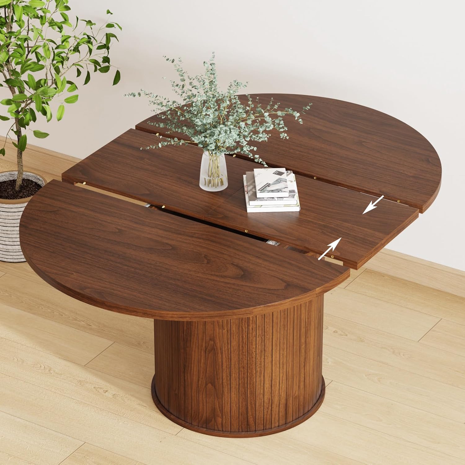 43"-59" Extendable Dining Room Table for 4-8, Round Expandable Kitchen Table with Fluted Sliding Door Cabinet, Modern Farmhouse Oval Dinner Tables for Dining Room Kitchen Living Room,Walnut