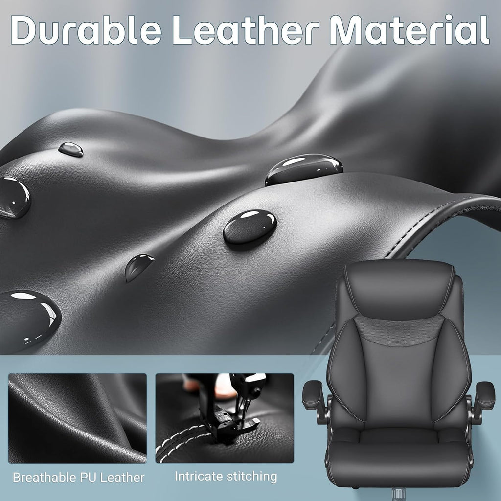 Ergonomic Office Chair, Big and Tall Office Chair, Executive Chair- Padded Leather Comfy Chair with Adjustable Lumbar Support & Flip-Up Arms, Rocking Swivel Chair for Home Office,Black