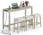 COSTWAY 4-Piece Breakfast Nook Bar Set with Built-in Charging Station, Counter Height Table with 3 Stools, Farmhouse Dining Room Table & Chairs with Wooden Frame & Cushioned Seat for Kitchen, Gray