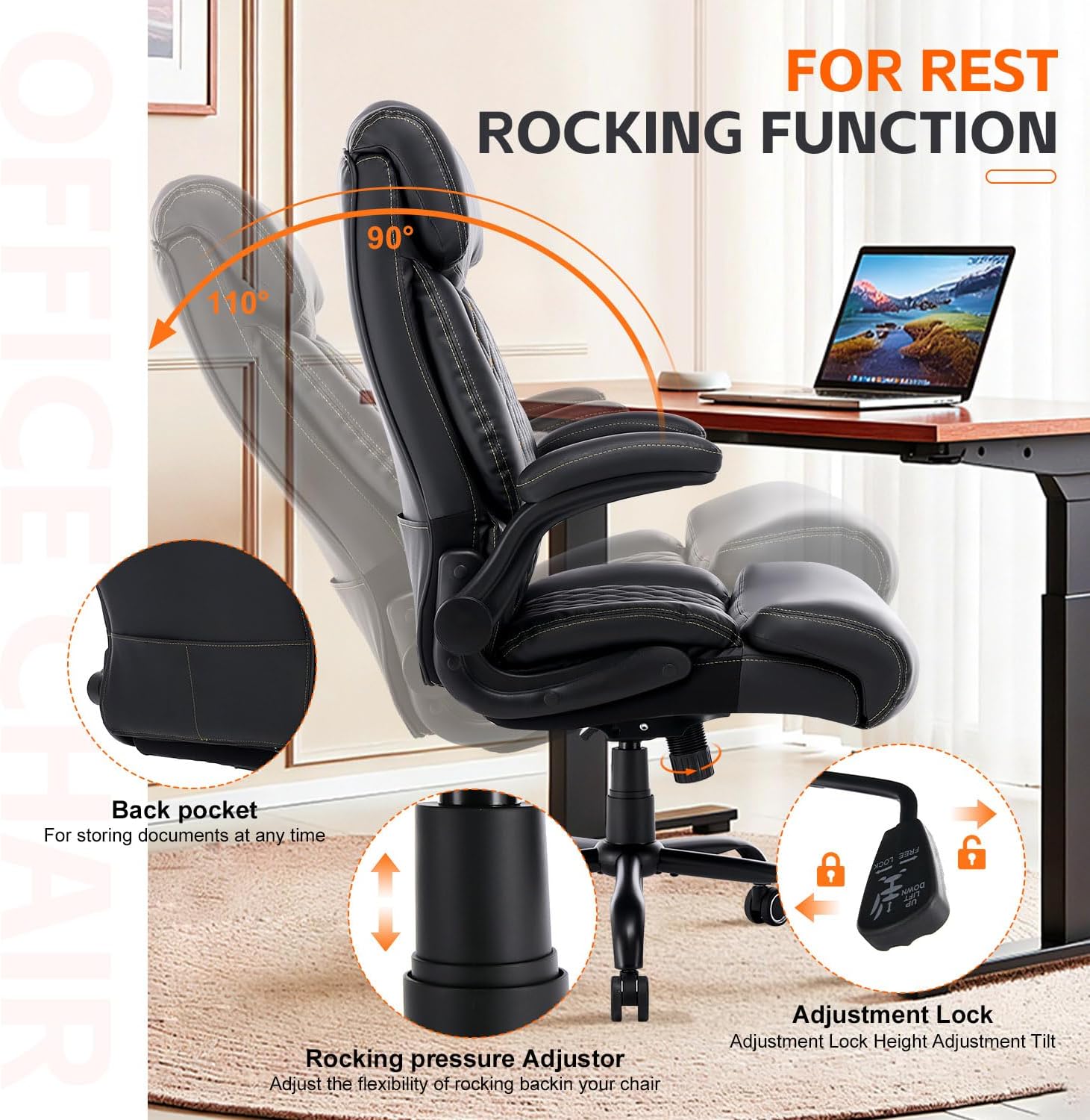 BOSMILLER Big and Tall Office Chair, Heavy Duty Executive Chairs with Adjustable Lumbar Support for Back Pain, Ergonomic Comfortable Computer Chair with Extra Wide Seat for Home Office, Black Pu