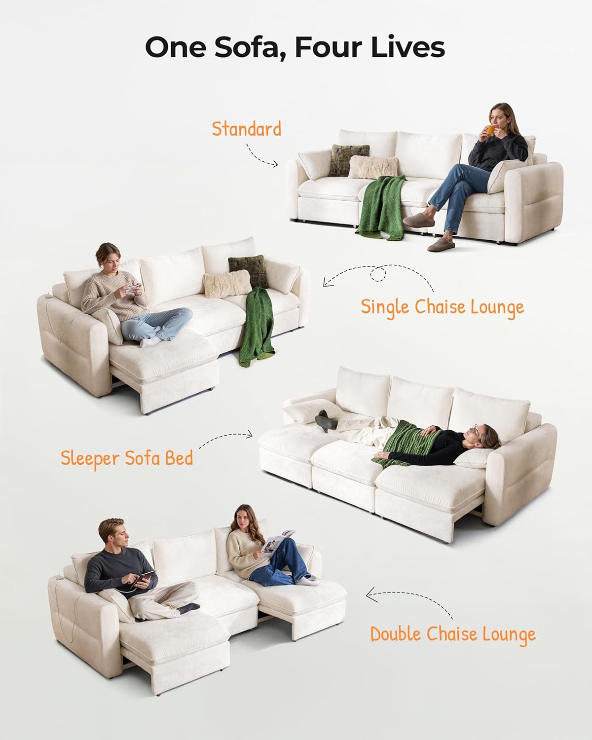 103" Electric Pull Out Sleeper Sofa Bed, 2in1 Convertible Power Extendable Couch Bed with Fast Charging USB&3 Smart Motor&Wide Back, Oversized Couches for Living Room&Small Space, Velvet Beige