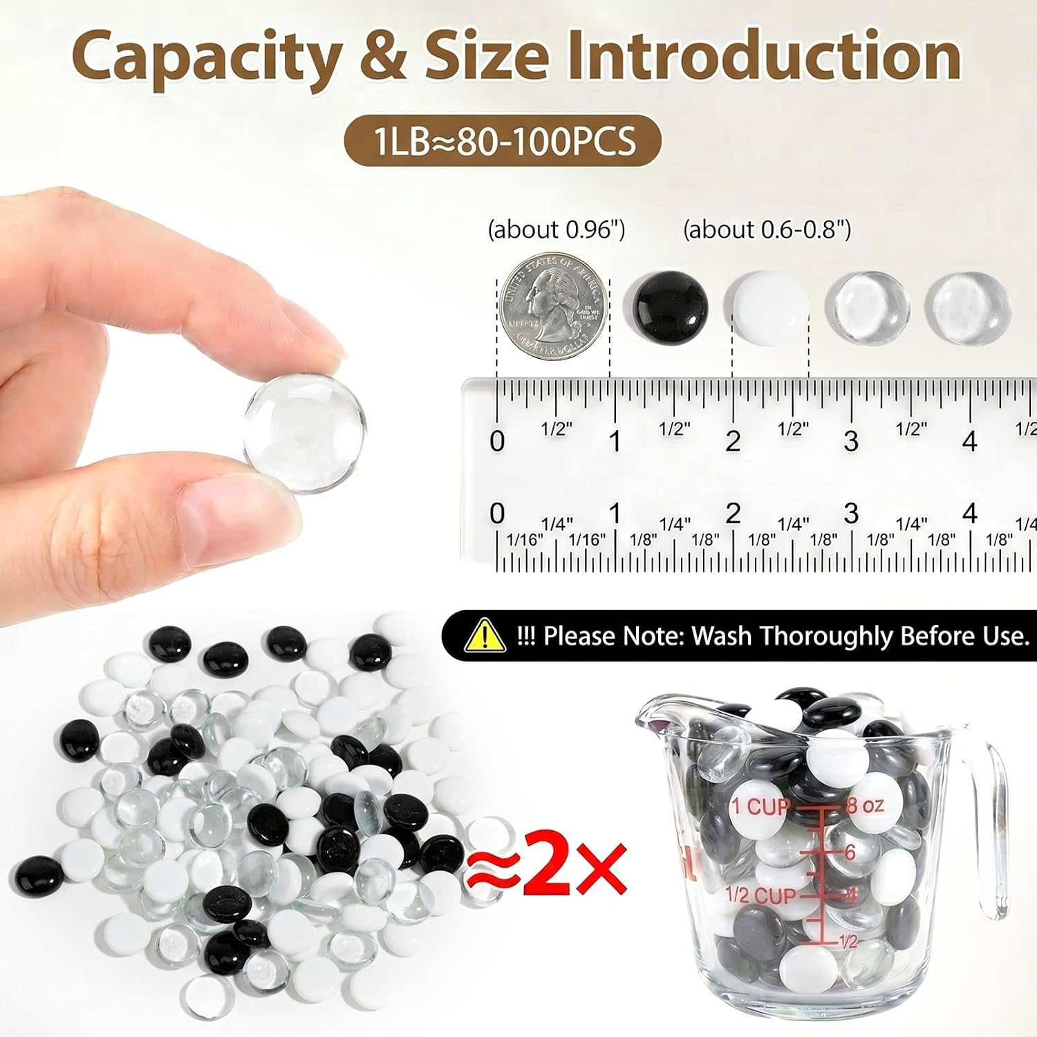 1LB Mixed Glass Beads White, Clear & Black, 0.6"-0.8" Flat Glass Marbles for Vases - Decorative Stones Vase Filler, Fish Tank Rocks, Aquarium Decor, Modern Gems for Centerpieces & DIY Crafts