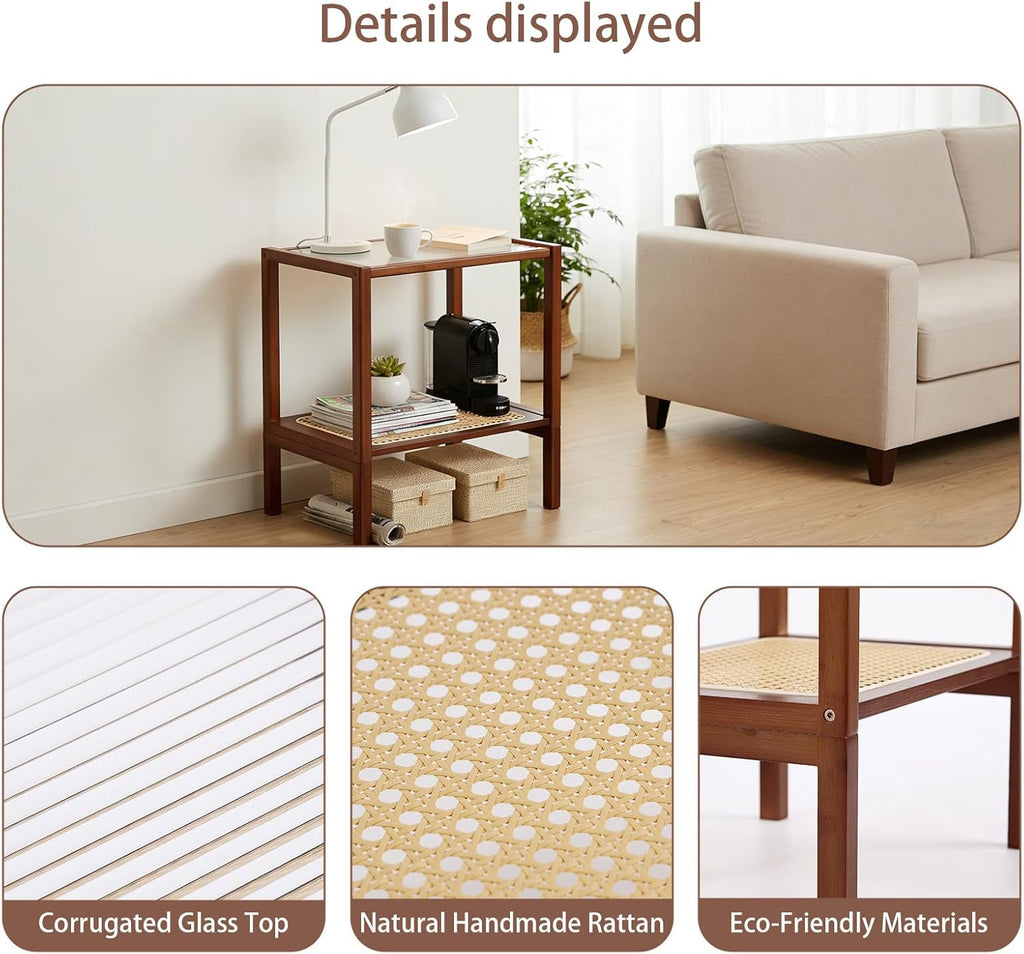 Tiita Rattan Side Table, Mid Century Nightstand, 2-Tier Bamboo Accent Bedside Tables, Glass Coffee Tables, Boho Wooden Narrow End Table with Storage for Small Space, Living Room and Bedroom