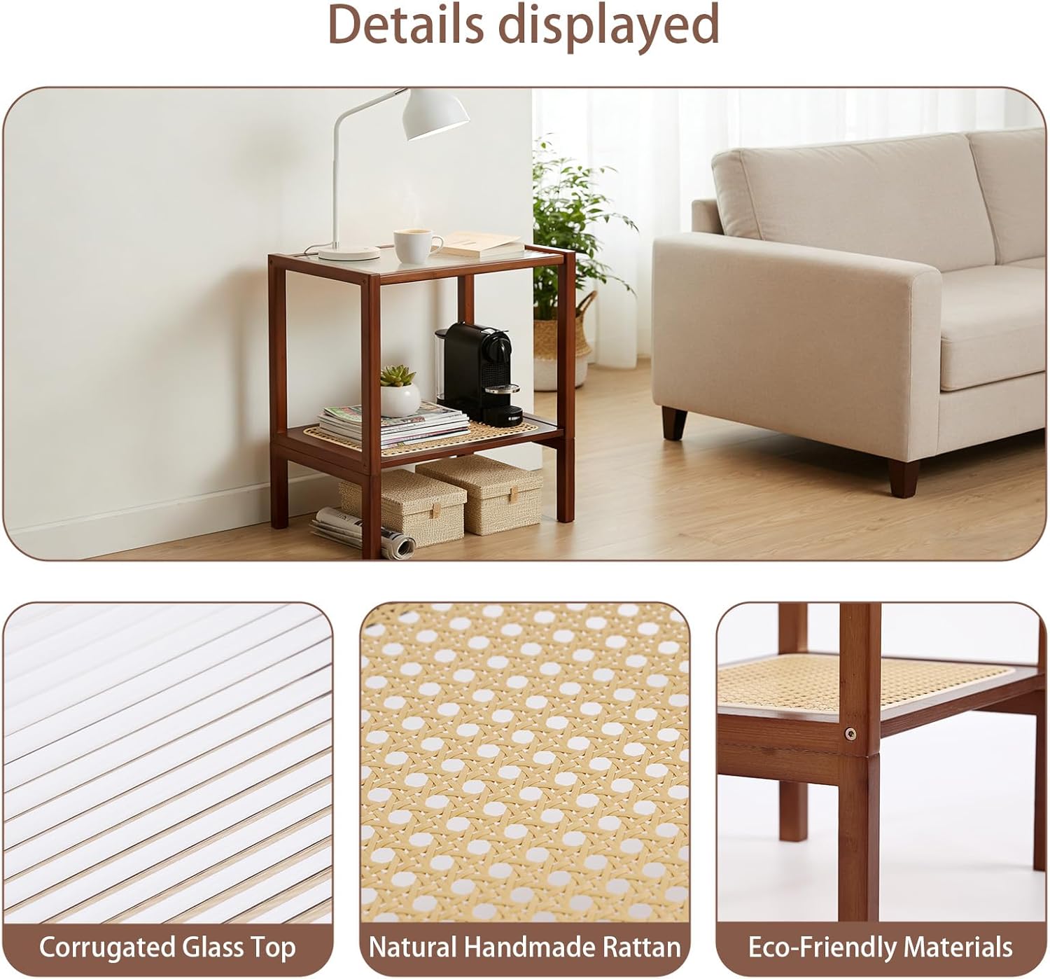 Tiita Rattan Side Table, Mid Century Nightstand, 2-Tier Bamboo Accent Bedside Tables, Glass Coffee Tables, Boho Wooden Narrow End Table with Storage for Small Space, Living Room and Bedroom