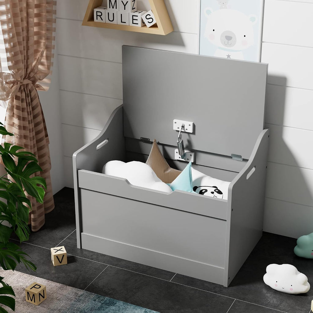 RAAMZO Wood Modern Storage Bench Box Blanket Chest Trunk with Safety Hinged Lid in Grey Finish