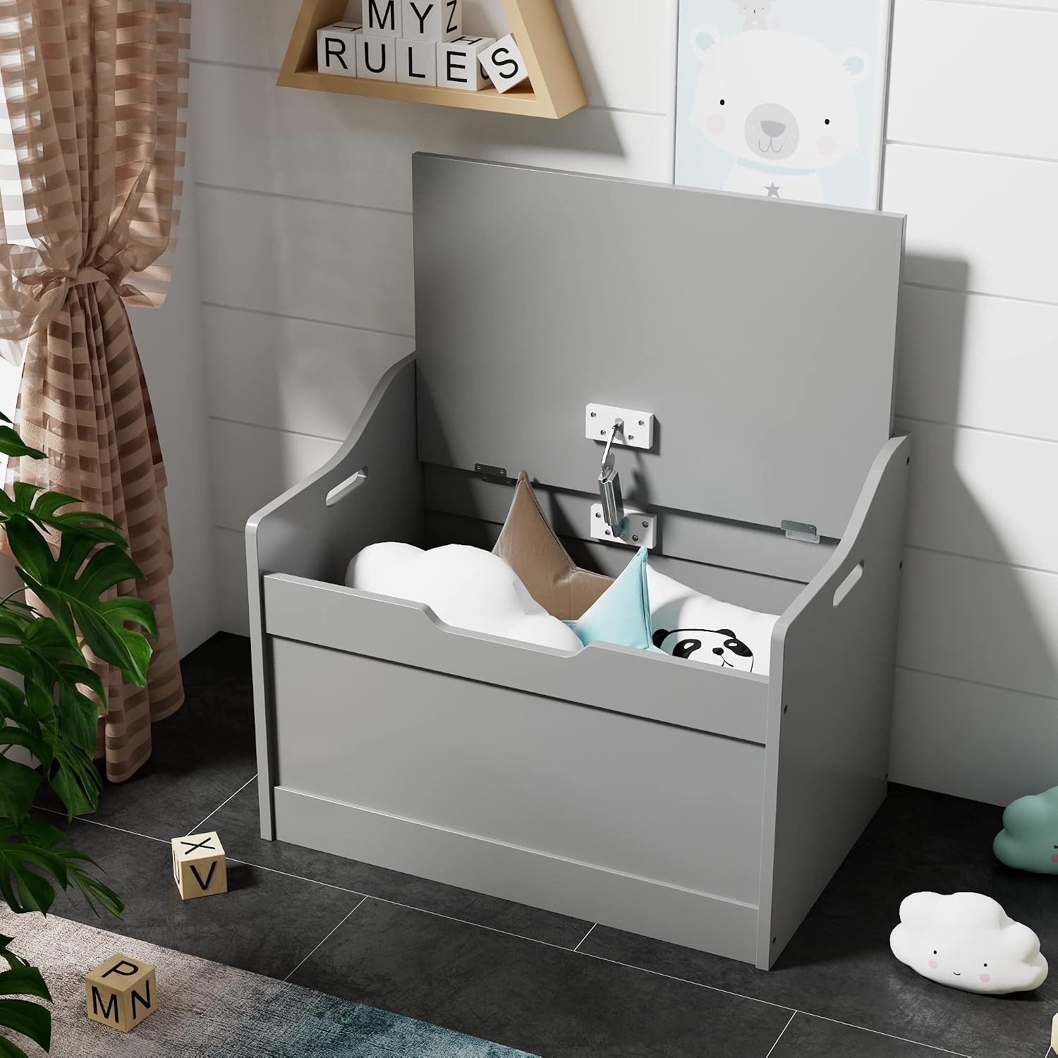 RAAMZO Wood Modern Storage Bench Box Blanket Chest Trunk with Safety Hinged Lid in Grey Finish
