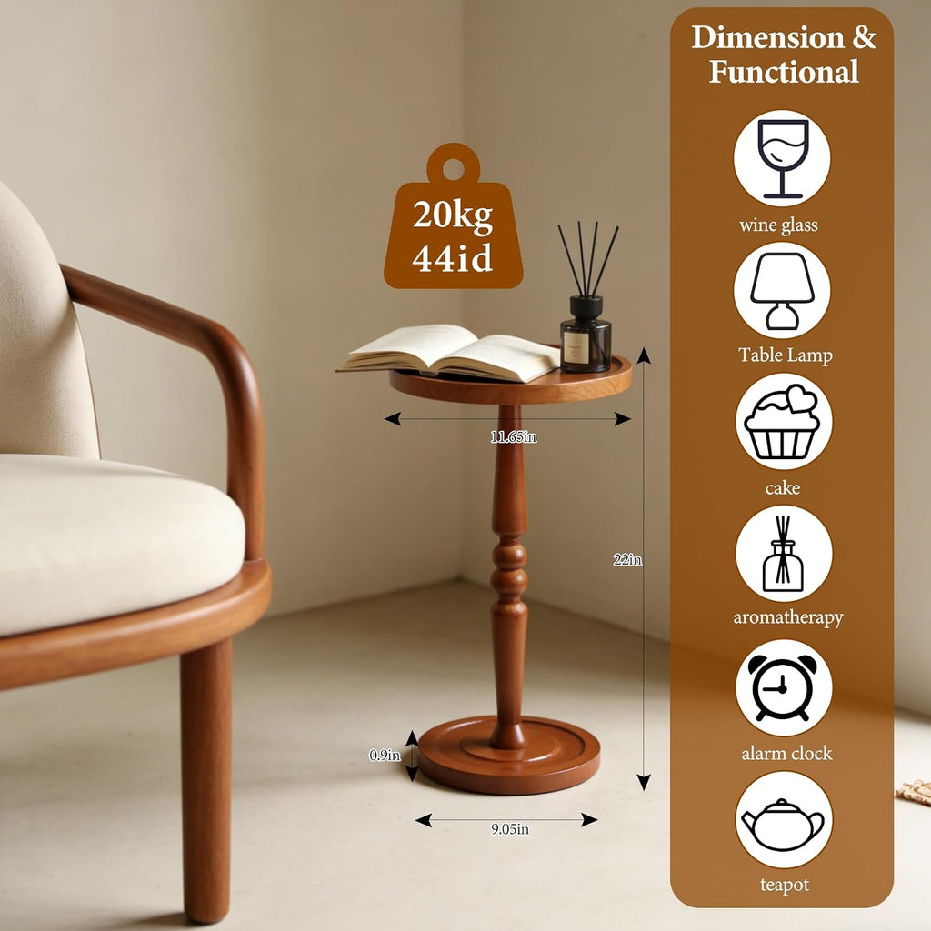 Small Side Table for Small Spaces, Rustic Circle End Table with Natural Solid Wooden Top, Pedestal and Leg, Walnut wood Accent Drink Tables for Livingroom, Bedroom, Sofa, Corner, Coffee, Office, Couch