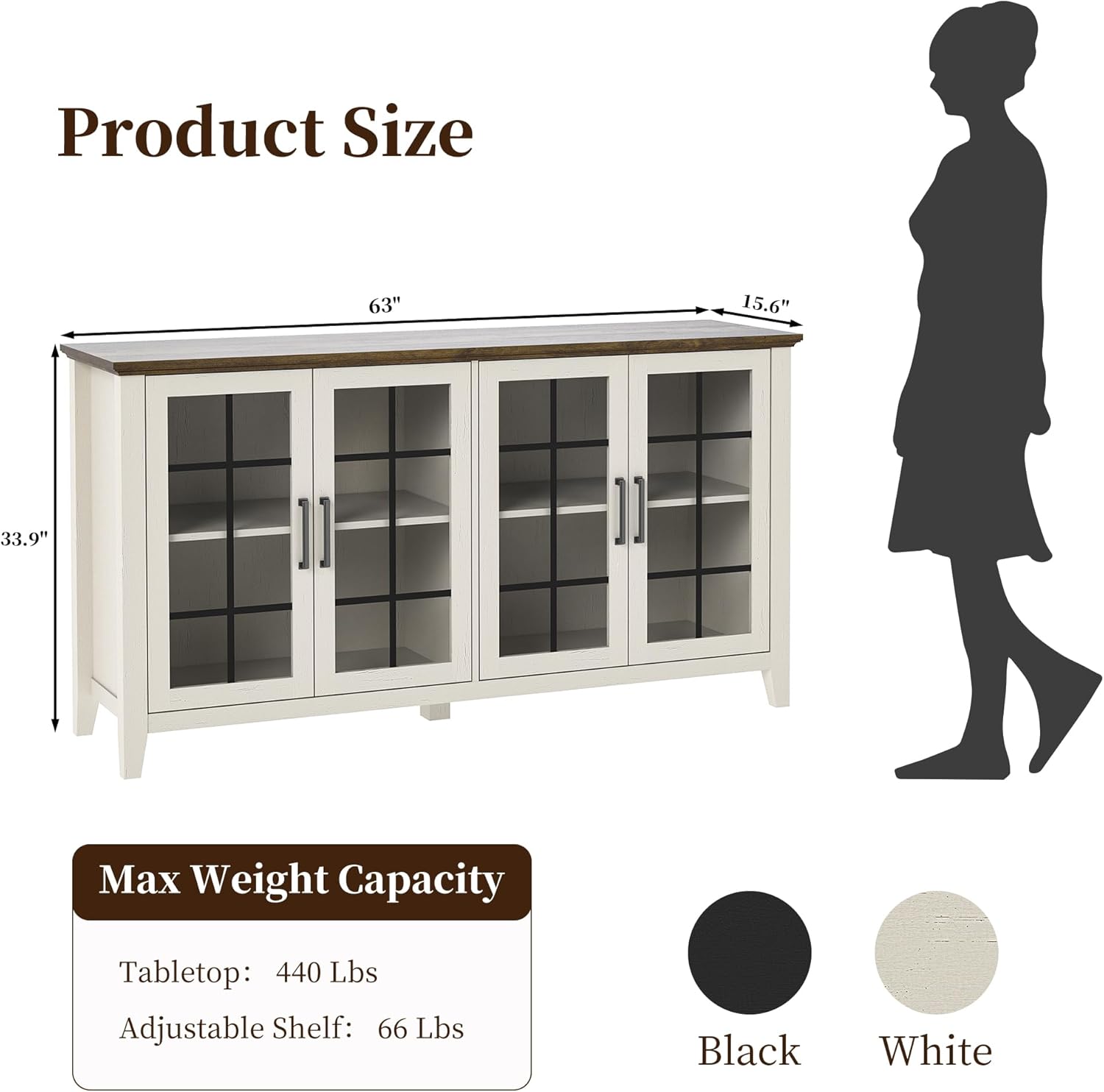 63 Inch Sideboard Buffet Cabinet with 4 Glass Doors, Coffee Wine Bar Storage Cabinet, Modern Buffet Table with Storage for Dining Room, Kitchen, Living Room, Antique White