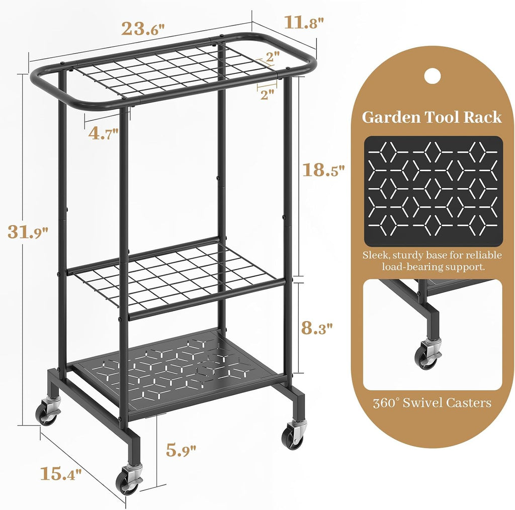 Garden Tool Organizer with Wheels, Heavy Duty Metal Garage Tool Storage Rack, Yard Tool Holder for Long-Handled Tools, Rakes and Brooms, Indoor and Outdoor Use for Shed, Patio