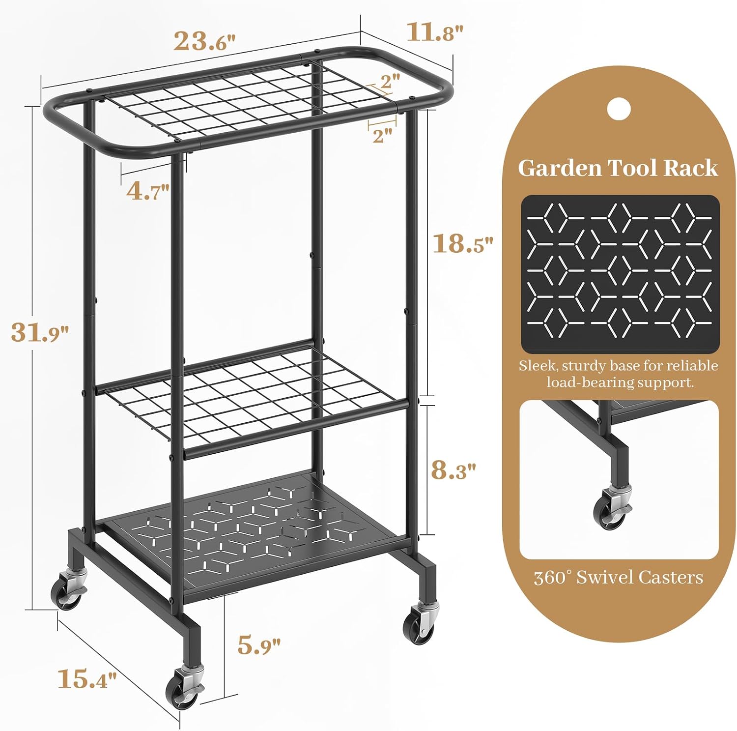 Garden Tool Organizer with Wheels, Heavy Duty Metal Garage Tool Storage Rack, Yard Tool Holder for Long-Handled Tools, Rakes and Brooms, Indoor and Outdoor Use for Shed, Patio